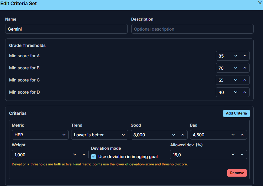Image grading base settings