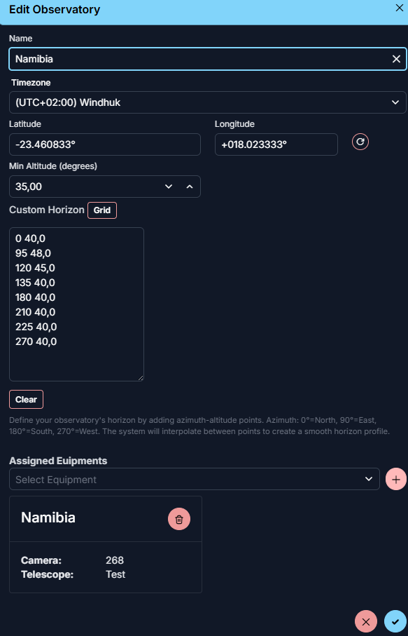 Observatory settings