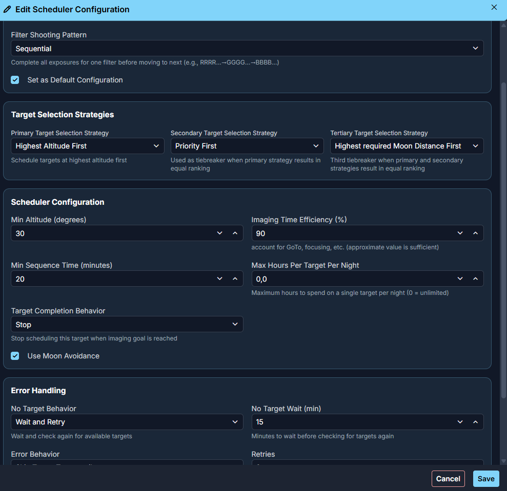 Scheduler configuration settings