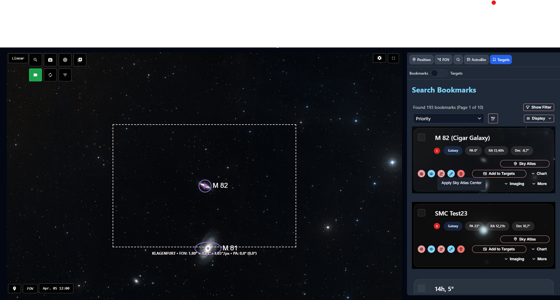 Sky Atlas bookmarks and targets integration