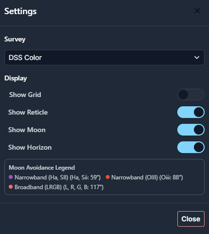 Sky Atlas basic settings